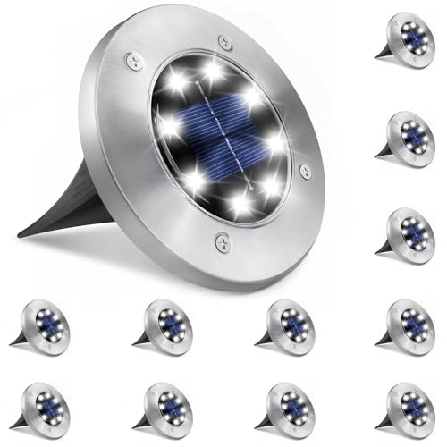Blakapoo 12 Stück IP65 Solar Bodenleuchten Aussen, 8 LED Gartenbeleuchtung Wasserdicht, Solar Edelstahl Außen Lampe für Rasen, Hof, Treppe, Patio, Gehweg, Landschaft, kaltweiß von Blakapoo