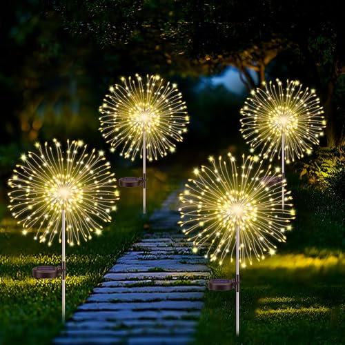 Gartendeko Solar Gartenleuchte Außen, 150 LEDs Feuerwerk Solarleuchten, 8 Modi Wasserdicht Solarlichter Pusteblume, Starburst Lichterkette, für Hinterhof Weg Rasen Terrasse Außen Balkon Deko, 4 Stück von Blakapoo