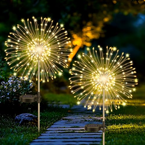 Gartendeko Solar Gartenleuchte Außen, 150 LEDs Feuerwerk Solarleuchten, 8 Modi Wasserdicht solarlichter Pusteblume, Starburst Lichterkette, für Hinterhof Weg Rasen Terrasse Außen Balkon Deko, 2 Stück von Blakapoo