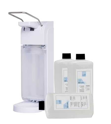 Blanc HYGIENIC Desinfektionsspender Universal – Armhebel-Spender, Abtropfschale und 6 x 500 ml Desinfektionsmittel, ergiebige Händedesinfektion, Dosierung einstellbar, Weiß von Blanc HYGIENIC