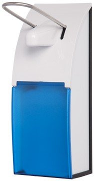 Blanc HYGIENIC Desinfektionsspender Edelstahl gebürstet – Armhebel-Spender mit Bedienhebel, Euro Spender inkl. Leere 500 ml Flasche zum Selbstbefüllen, Spender mit kurzem Bedienhebel, Blau von Blanc HYGIENIC