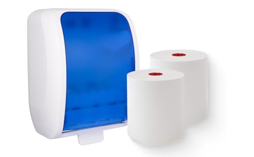Blanc HYGIENIC Set: Handtuchrollenspender Autocut, Blanc Cosmos 2 Handtuchrollen Premium TAD - PRODUKTSET Farbe Blau/Weiß von Blanc HYGIENIC