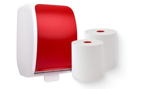 Blanc HYGIENIC Set: Handtuchrollenspender Autocut, Blanc Cosmos 2 Handtuchrollen Premium TAD - PRODUKTSET Farbe Rot/Weiß von Blanc HYGIENIC