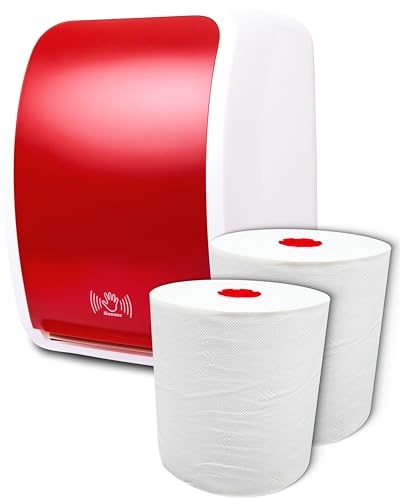 Blanc HYGIENIC Set: Handtuchrollenspender Sensor, berührungslos, Blanc Cosmos 2 Handtuchrollen Premium TAD - PRODUKTSET Farbe Rot/Weiß von Blanc HYGIENIC