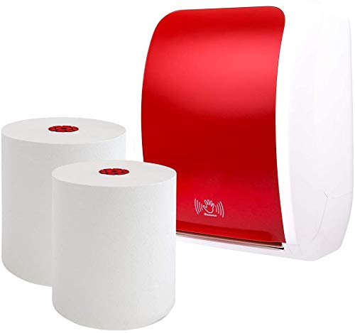 Blanc HYGIENIC - Handtuchrollenspender-Set Sensor: Blanc Cosmos mit 2 Handtuchrollen Premium TAD in weiß/rot - berührungslose Nutzung- Produktset von Blanc Hygienic