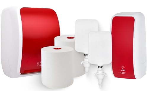 Blanc HYGIENIC KOMPLETT-Set Waschraum Sensor: Handtuchrollenspender Sensor + 2 TAD Handtuchrollen + Schaumseifenspender Sensor + 2 Kartuschen Farbe Rot/Weiß von Blanc HYGIENIC