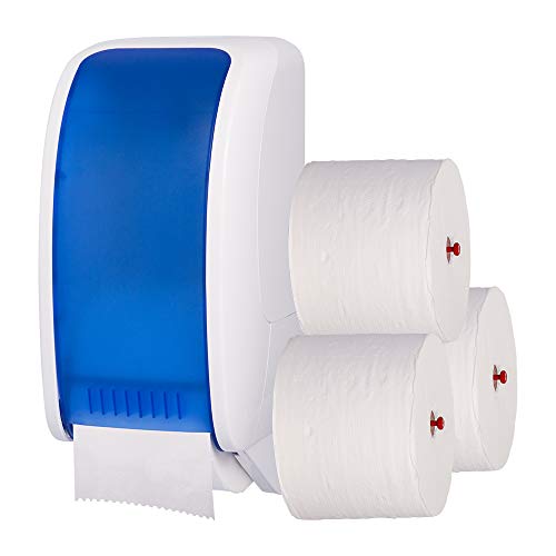 Toilettenpapierspender Doppelrollen Set Cosmos - 1 Spender f. Toilettenpapier + Toilettenpapierrollen - 3 lagig, 2.8800m gesamt - Ultra ERGIEBIG wie 26 übliche Rollen - Wandmontage, Blau & Weiß von Blanc HYGIENIC