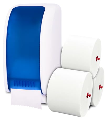 Cosmos Toilettenpapierspender Doppelrollen Set - 1 Spender für Cosmos Toilettenpapierrollen + 360m Toilettenpapier- 3 lagig - Ultra ERGIEBIG wie 26 übliche Rollen - Wandmontage, Weiß/Blau von Blanc HYGIENIC