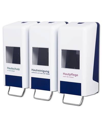 Blanc HYGIENIC Spender für Softflaschen Tri – Wandspender für Hautschutz, Grobreiniger und Hautpflege, Spender für 1 Liter und 2 Liter Flaschen, ideal für Hautschutzplan, Weiß und Blau von Blanc HYGIENIC