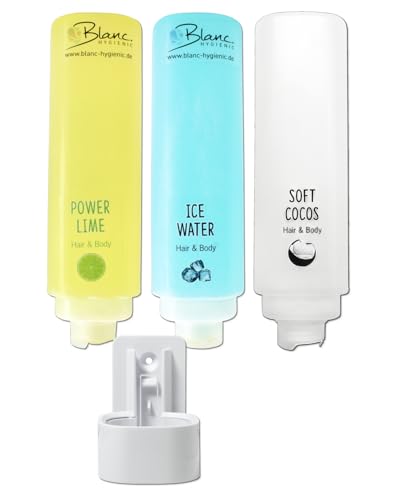 SET: Dusch- und Haarshampoo STARTER- Kit 3x420ml verschied. Düfte mit weißer Wandhalterung HOTELSERIE von Blanc HYGIENIC