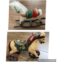 Vintage Schöne Holzdekorationen Rocky Horse. Echtes Fell Haar, Handgemacht, Handbemalt Und Dreirad Holzpferd, Handgefertigt von BlancaRoaart