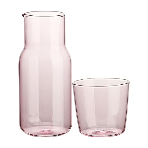 Nachttisch-Wasserkaraffe und Glas-Set, 520 Ml Wasserkaraffe mit Tasse, Glaskaraffe mit Becher, Eiskaffeetasse, Mundwasser-Dekanter für Badezimmer(Rosa) von Blanketswarm