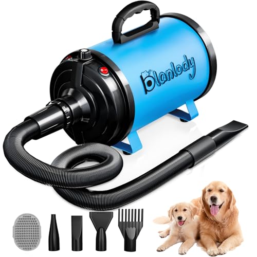 Blanlody Hundefön Blower Sehr Leise 4.5 PS / 3200W Motor Einstellbare Geschwindigkeit, Hundepflege-Trockner-Gebläse mit 4 verschiedenen Düsen elastischem Schlauch und Pflegebürste von Blanlody