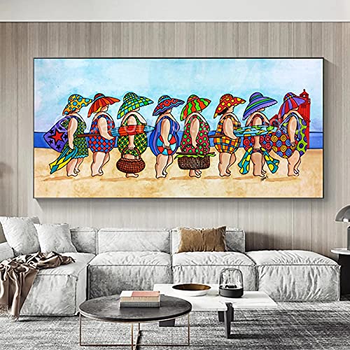 Blanriguelo Bilder auf Leinwand Poster Frauen am Strand Cartoon Drucke Wandkunst Gemälde Wohnzimmer Küche Wohnkultur 60x120cm (60x120cm) Rahmenlos von Blanriguelo