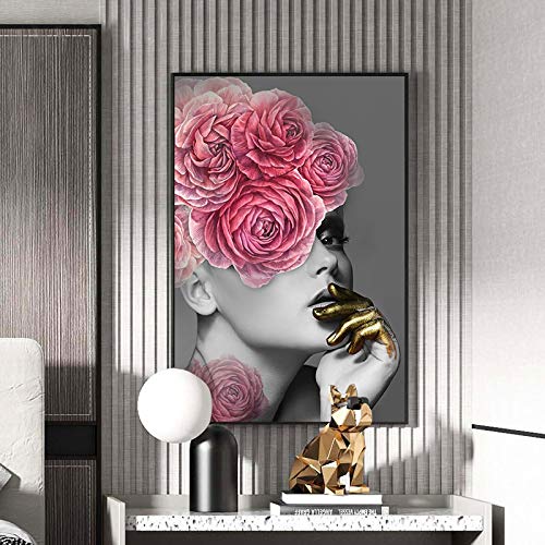 Leinwand Wandkunst Moderne Frauen mit rosa Blumen auf dem Kopf Bild Malerei Plakate und Drucke Wohnzimmer Home Decor 50 x 70 cm Rahmenlos von Blanriguelo