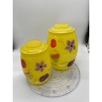 Vintage 1950S Barlett Collin Gelbe Glas Keksdose Handbemalte Fruchtblumen von Blastfrompasttoys