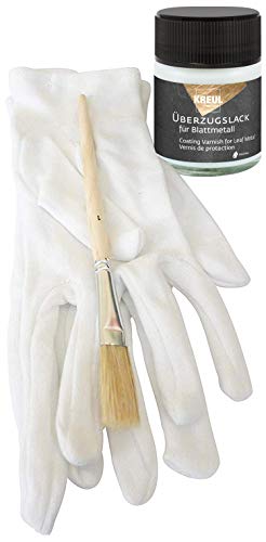 1 x Kreul Überzugslack 50ml hochglänzender, transparender Schutzlack Lack für Blattmetall Blattgold Schlagmetall Blattsilber + 1 Paar Vergolderhandschuhe + 1 Pinsel 1 x Kreul Überzugslack 50ml hochglänzender, transparender Schutzlack Lack für Blattmetall Blattgold Schlagmetall Blattsilber + 1 Paar Vergolderhandschuhe + 1 Pinsel von Blattgold-Blattsilber