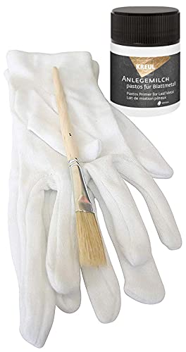 1 x Anlegemilch Pastos 50 ml dickflüssiger Spezialkleber Kleber Klebstoff zum Anlegen von Blattmetall, Schablonieren und zur Anwendung auf Glas + 1 Paar Vergolderhandschuhe + 1 Pinsel von Blattgold-Blattsilber