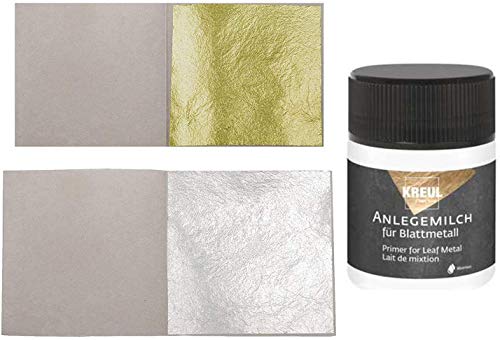 10 Blatt 23 Karat Echtes Blattgold 3,8 x 3,8 cm zum Vergolden + 10 Blatt Echt Blattsilber 5 x 5 cm + 1x Kreul Anlegemilch 50ml von Blattgold-Blattsilber