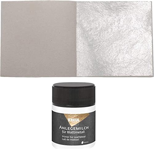 10 Blatt Echtes Blattsilber 6cm x 6cm Echt Silber 925 zum Versilbern & Basteln Künstlerbedarf Silberblatt Silberfolie Dekorfolie + 1 x Kreul Anlegemilch Klebstoff 50 ml von Blattgold-Blattsilber