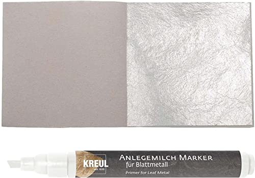 10 Blatt Echtes Feines Blattsilber 6cm x 6cm Echt Silber 925 zum Versilbern & Basteln Silberblatt Silberfolie Kunst Handwerk & Dekoration + 1 x Kreul Marker Anlegemilch Klebstoff im Stift von Blattgold-Blattsilber
