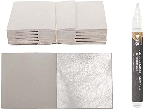 100 Blatt Echtes Blattsilber 5cm x 5cm Echt Silber zum Versilbern & Basten Silberblatt Silberfolie Kunsthandwerk Art Dekoration Restaurierung Möbel + 1 x Kreul Marker Anlegemilch Kleber im Stift von Blattgold-Blattsilber