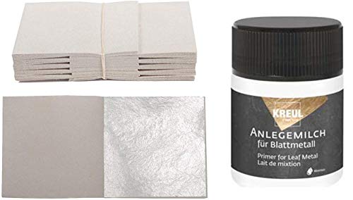 100 Blatt Echtes Blattsilber 6cm x 6cm Echt Silber 925 zum Versilbern & Basteln Silberblatt Silberfolie Kunsthandwerk Art Deko Dekoration Restaurierung Möbel + 1 x KREUL Anlegemilch Kleber 50 ml von Blattgold-Blattsilber