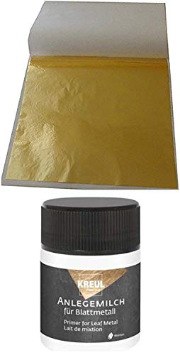 20 Blatt Blattgold Imitat Blattmetall Schlagmetal 13,5 cm x 13,5 cm zum Vergolden & Basteln Kunst Handwerk Vergoldung Dekoration Möbel Malerei + 1 x Kreul Anlegemilch 50ml von Blattgold-Blattsilber