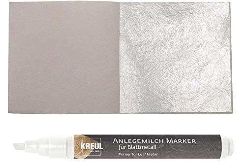 50 Blatt Echtes Blattsilber 5cm x 5cm Echt Silber 925 zum Versilbern & Basteln Silberblatt Silberfolie Kunst Handwerk Art Dekoration Restaurierung Möbel + 1 x Kreul Marker Anlegemilch Kleber im Stift von Blattgold-Blattsilber