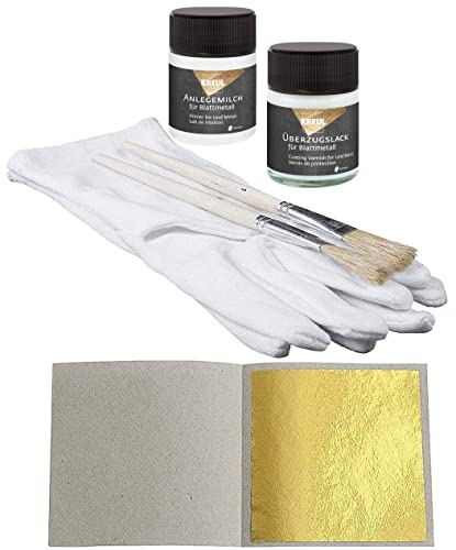 50 Blatt Blattgold Imitation Set zum Vergolden & Basteln + 1 x Kreul Anlegemilch 50ml + 1 x Überzugslack 50ml + 1 x Vergolderhandschuhe + 2 Pinsel von Blattgold-Blattsilber