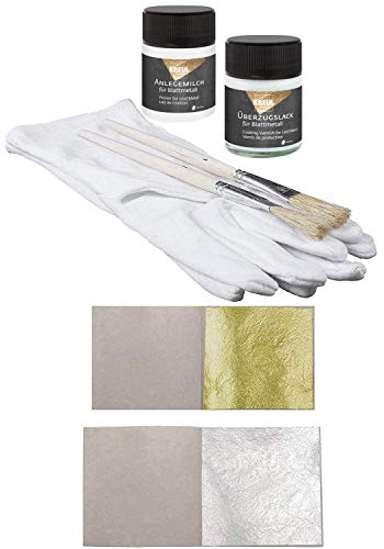 Set 50 Blatt Echtes Blattgold Essbar 23,75 Karat Echt Gold 3,8 x 3,8 cm + 50 Blatt Blattsilber 5 x 5 cm Echt Silber + 1x Kreul Anlegemilch 50ml + 1x Überzugslack 50ml + 1 Paar Handschuhe + 2 x Pinsel von Blattgold-Blattsilber