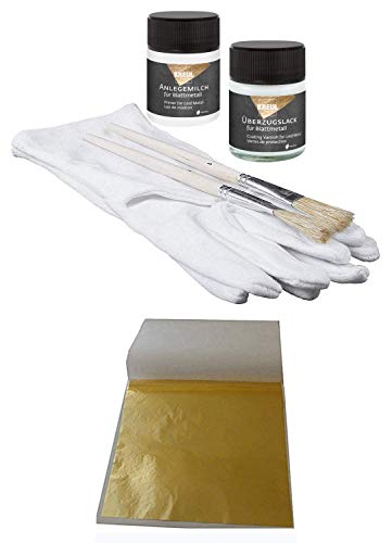 Starterset 100 Blatt Blattgold Imitation Blattmetall Schlagmetall 13,5cm x 13,5cm zum Vergolden & Basteln + 1 x Kreul Anlegemilch 50ml + 1 x Überzugslack 50ml + 1 Paar Vergolderhandschuhe + 2 Pinsel von Blattgold-Blattsilber