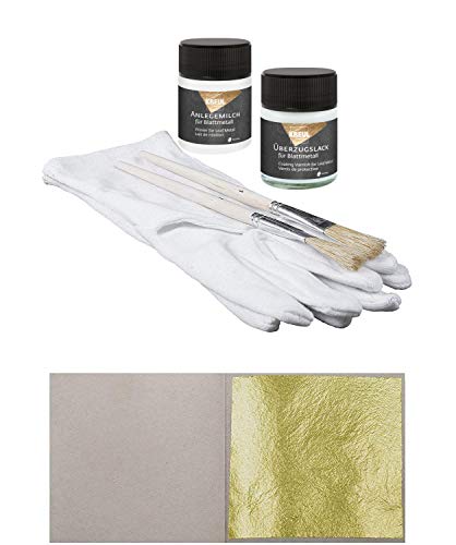 Starterset 100 Blatt Echtes Blattgold 23 Karat 3,8 cm x 3,8 cm + 1 x Anlegemilch 50ml + 1 x Überzugslack 50ml + 1 Paar Handschuhe + 2 x Pinsel von Blattgold-Blattsilber