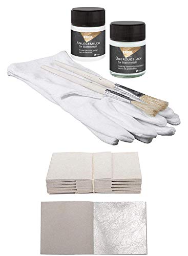 Starterset 100 Blatt Echtes Blattsilber 5cm x 5cm Echt Silber Set Versilbern Basteln Silberblatt Silberfolie + 1x Kreul Anlegemilch Kleber 50ml + 1x Überzugslack 50ml + 1 Paar Handschuhe + 2 Pinsel von Blattgold-Blattsilber