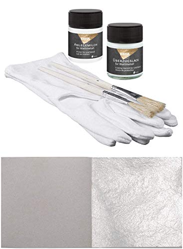 Starterset 50 Blatt Echtes Blattsilber 6cm x 6cm Echt Silber Set zum Versilbern & Basteln Silberblatt Möbel + 1 x Kreul Anlegemilch Kleber 50 ml + 1 x Überzugslack 50 ml + 1 Paar Handschuhe + 2 Pinsel von Blattgold-Blattsilber