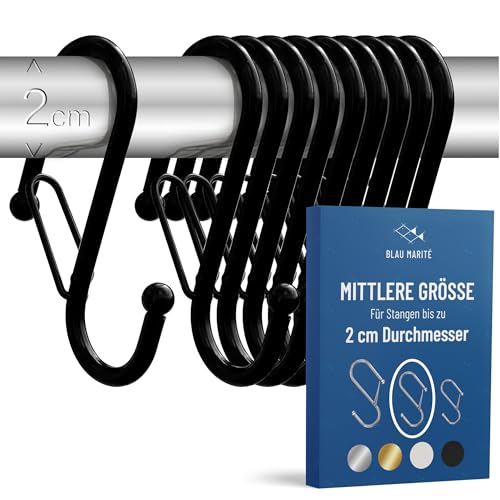 Blau Marité 10 Stück S Haken für Stangen bis 2 cm Durchmesser – S Haken zum Einhängen mit Sicherheitsschnalle – Haken für Kleiderstange & Garderobenstange – S-Haken Metall für Bad & Küche – Schwarz von Blau Marité
