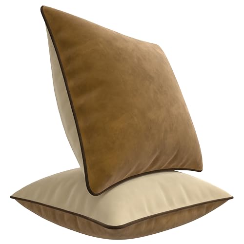 Blau Marité Set aus Zwei dekorativen Kissenbezügen. Aus superweichem Samt hergestellt. Moderne Designs mit kontrastierendem Rand. Die Füllung ist Nicht inbegriffen. (Beige und Braun, 45x45 cm) von Blau Marité