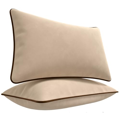 Blau Marité Kissenbezüge 30x50 cm – 2er Set aus weichem Samt – Dekokissen mit kontrastierendem Rand – Beige & Braun – Ohne Füllung von Blau Marité