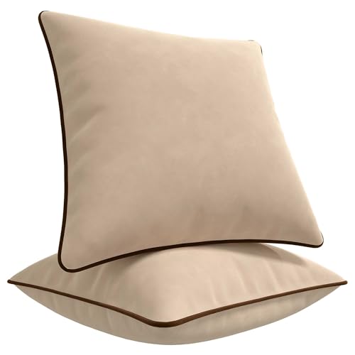 Blau Marité Kissenbezüge 45x45 cm – 2er Set aus weichem Samt – Dekokissen mit kontrastierendem Rand – Beige & Braun – Ohne Füllung von Blau Marité