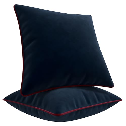 Blau Marité Kissenbezüge 45x45 cm – 2er Set aus weichem Samt – Dekokissen mit kontrastierendem Rand – Dunkelblau & Bordeauxrot – Ohne Füllung von Blau Marité