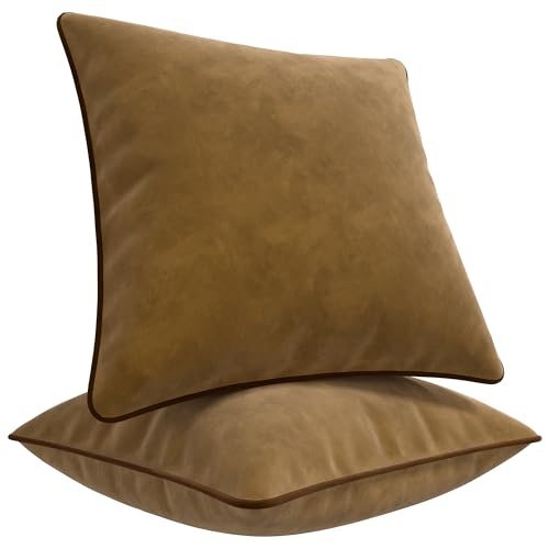 Blau Marité Kissenbezüge 45x45 cm – 2er Set aus weichem Samt – Dekokissen mit kontrastierendem Rand – Camel & Braun – Ohne Füllung von Blau Marité