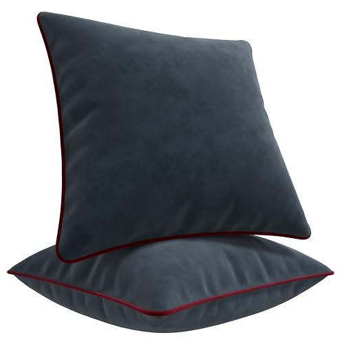 Blau Marité Kissenbezüge 50x50 cm – 2er Set aus weichem Samt – Dekokissen mit kontrastierendem Rand – Dunkelgrau & Bordeauxrot – Ohne Füllung von Blau Marité