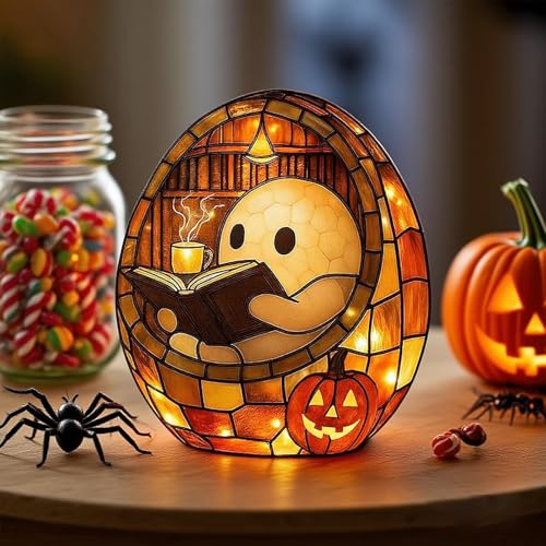 Halloween-Geister-Lesebuch Nachtlicht, Ghost Reading Book Light, LED Nachttischlampe Halloween Deko aus Harz, Niedliche Geister Deko Nachtlampe für Leser und Bücherliebhaber (A) von BlauHaus