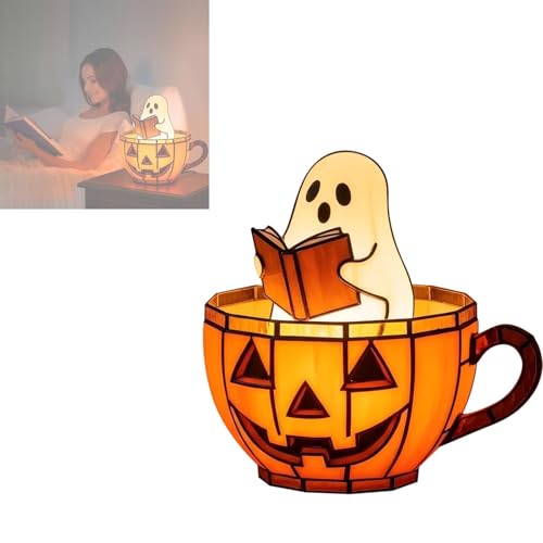 Halloween-Geister-Lesebuch Nachtlicht, Ghost Reading Book Light, LED Nachttischlampe Halloween Deko aus Harz, Niedliche Geister Deko Nachtlampe für Leser und Bücherliebhaber (B) von BlauHaus