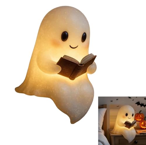 Halloween-Geister-Leselampe, Niedliche Geister-Leselampe, Ghost Reading Book Lamp, 3D-LED-Geister Statue Nachtlicht, Halloween-Dekoration für Leser und Buchliebhaber (Weiß, 9 * 9 * 14CM) von BlauHaus