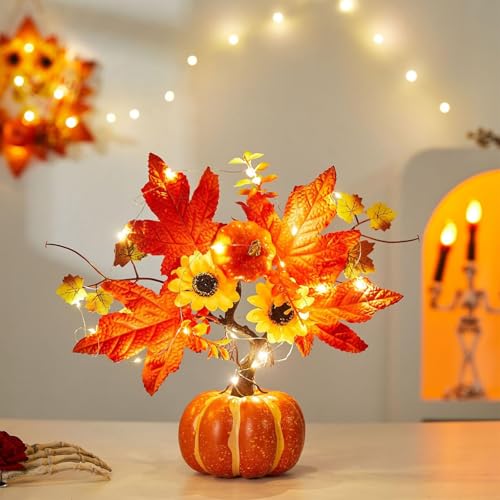 Herbstdeko kürbis Baum Lichter mit LED, 32cm Lichterbaum kürbis, Thanksgiving Künstlicher Kürbis dekorative, Batteriebetrieben, Lichterbaum Halloween Deko Für Hochzeit, Erntedankfest (A) von BlauHaus