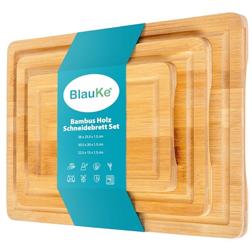 BlauKe® Bambus Schneidebrett Set – Holz Schneidebretter 3er Set – Brotbrett Frühstücksbrettchen und Servierbrett aus Holz – Professionelles Natur Antibakteriell Küchenbretter aus Bambus mit Saftrille von BlauKe