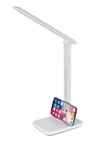 Blaupunkt 6W LED Schreibtischlampe – Augenschonend – Weiß Tischleuchte – Dimmbar – Einstellbare Helligkeit und Farbtemperatur – USB-Ladeanschluss für Smartphone – Elegante Lederoptik von Blaupunkt