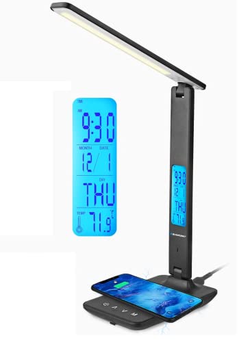 Blaupunkt LED-Schreibtischlampe mit kabellosem Ladegerät - USB-Ladeanschluss - Dimmbare Tischlampe 5 Farbmodi - Verstellbarer Arm - Büro - Leselicht - LCD-Anzeige Uhr Kalender Thermometer - Schwarz von Blaupunkt