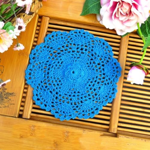 4 Stück Runde Bestickte Tischmatte,Häkeldeckchen,Spitzendeckchen Tischset Kleine Häkeln Tischläufer Baumwolle Untersetzer,Tischdecken für Tassen Schalen Teller Vasen Antike,20 cm,Leuchtendblau von Blausky